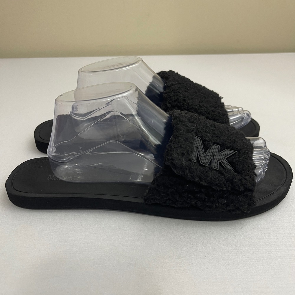 Michael Kors Black Fuzzy Faux Fur MK Logo Slides Sandals Slip On Adjustable READ